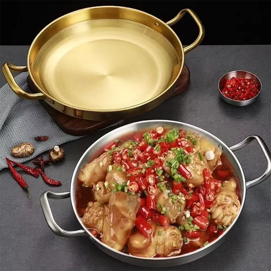 Sartén coreana de acero inoxidable, sartén Paella con mango dorado, olla de cocina, sartenes de arroz y mariscos, sartén antiadh