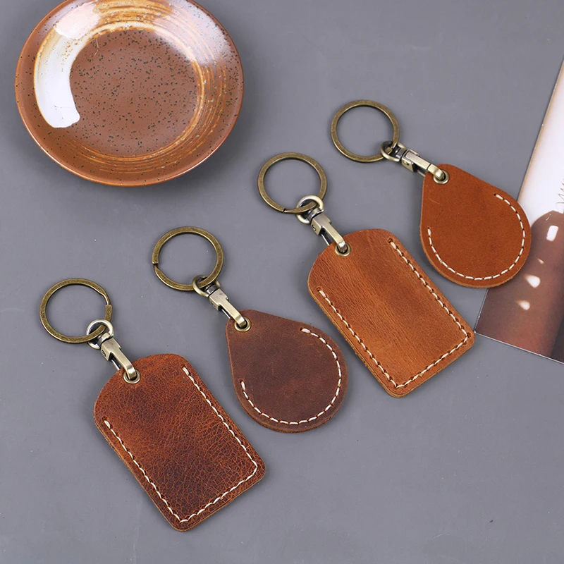 Retro Rectangular Round Keyring Leather Access Card Holder Keychain Community Water Drop Proximity Card Protective Case Key Fob