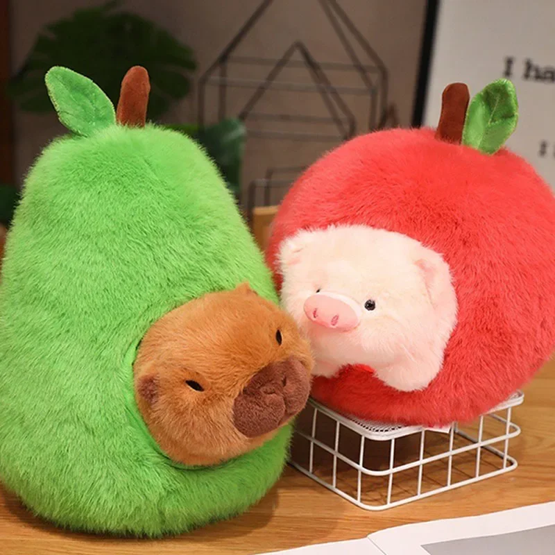 Juguete de peluche 2 en 1 de aguacate y capibara para bebé, relleno creativo en fruta, transformar 25/35cm, muñeco de peluche de cerdo de manzana para regalo de cumpleaños para niños