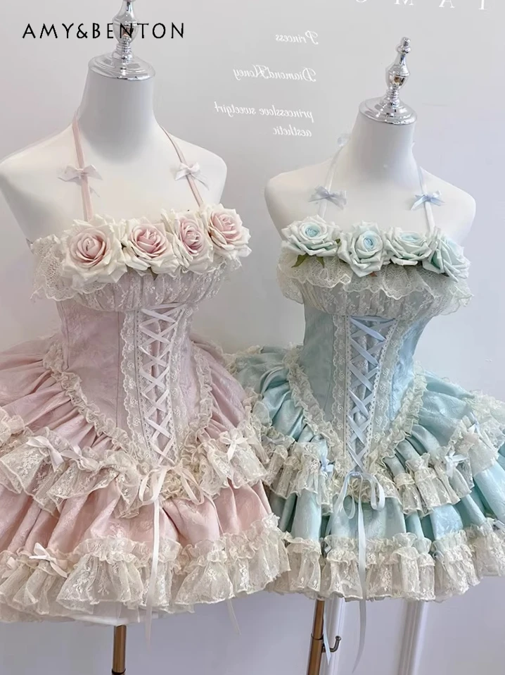 

Elegant Ballet Style Mini Evening Dresses Lolita Style Sweet Cute Bow JSK Strapless Slim Puff Dress Birthday Dress for Women