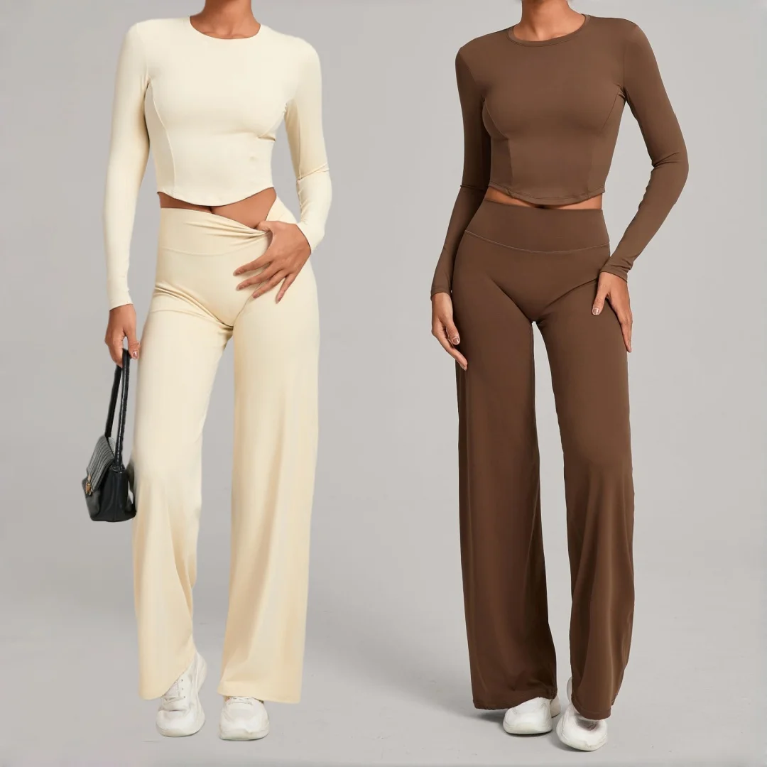 

Casual Bare Feel Yoga Suit Fitness High Waist Peach Hip Long Sleeves Pants Set Winter Running Workout Clothes Gym Sportswear