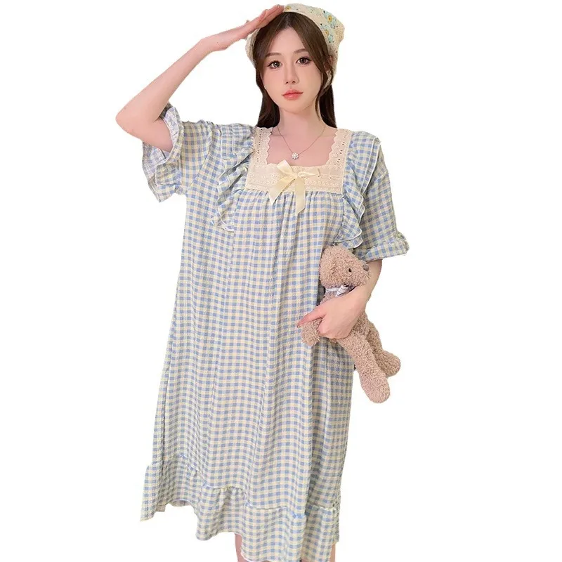 Maternity Nightgown Homewear Women Summer Princess Style Bubble Cotton Short-Sleeved Nightgown Loose Plus Fat Large Size Homewea