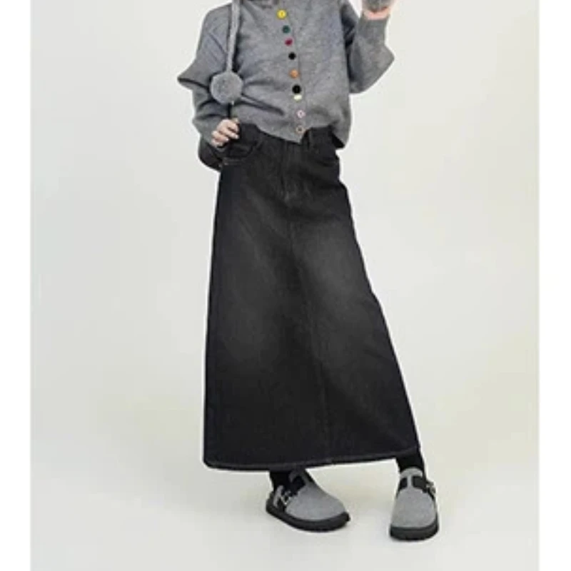 Womens High Waist Fleece Lined Denim Midi Skirt Back Split A Line Thick Warm Long Skirt For Autumn Winter