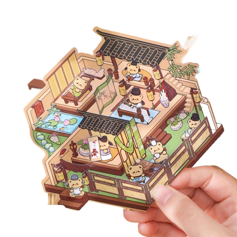 DIY Cartoon Animal Ancient House Playable Scene Sticker Pocket Cabin Scene Stacking Pasting Festival Birthday Gift for Kid Child