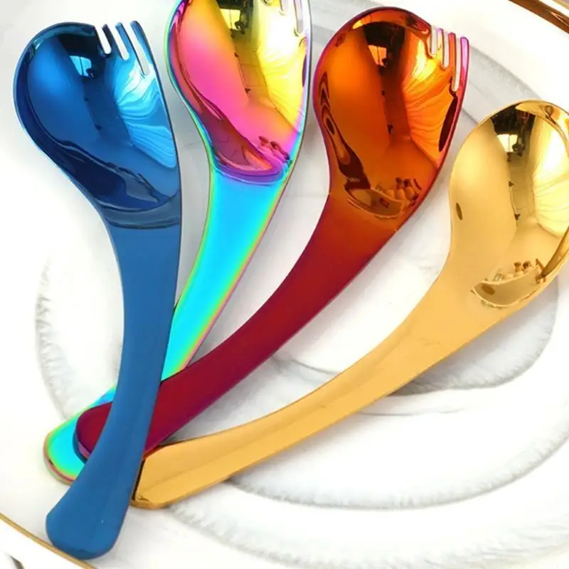 QX2E 2 in 1 Stainless Steel Fork Spoon Long Handle Dessert Spoons Fruit Salad Forks