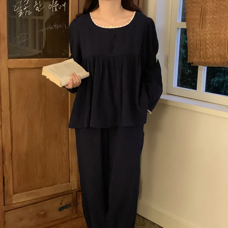 Korean Cotton Line Home Suit Women Solid Vintage Sleepwear Soft Pajamas Set Sweet Loose Buttons Lazy  Long Pants Tow Piece Set