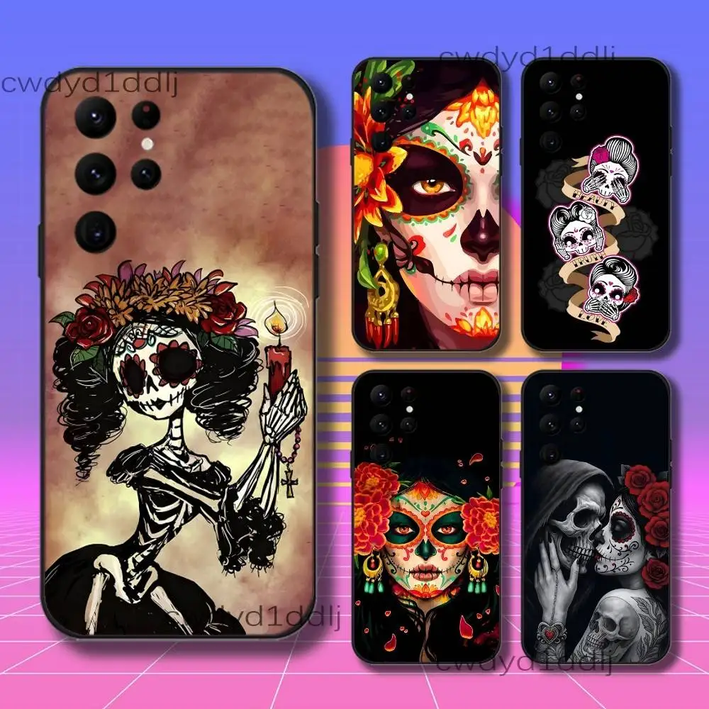 

Mexican Catrina Skull Girls Phone Case For Samsung S10,S21,FE,S21 ,S26,S25,S24,S23,Ultra,S9,S22,Plus Black Shockproof Silicone