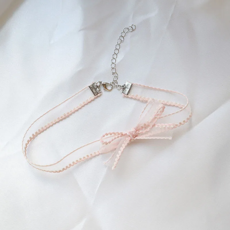 Lovely Girl Choker New Korea Fashion Cute Pink Color Heart Butterfly Lace Bow Necklace for Women Charm Wedding Birthday Jewelry