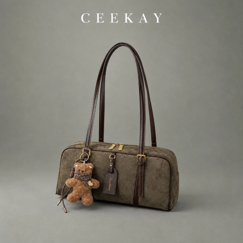 CEEKAY Olive Suede Long Satchel Bag Twin Strap Zip Top Teddy Charm Metal Buckle Daily Utility Roomy Elegant Classic Purse Women