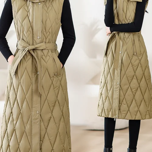 겨울 여성용 다운 롱 조끼 2024년 겨울 패션 후드 지퍼 롱 여성용 외출용 무릎 아래 다운 롱 조끼 롱 조끼 롱 조끼 