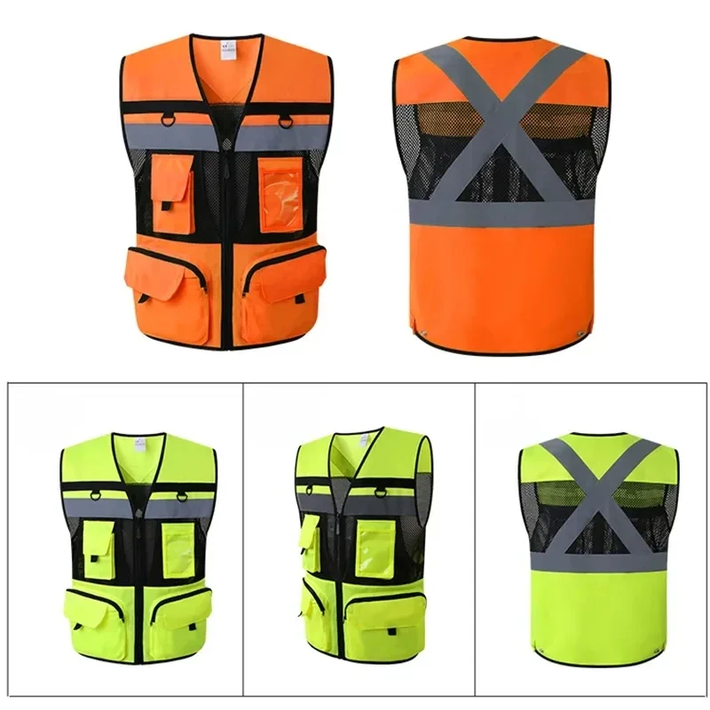 Safety Vest Custom LOGO Reflective Vest With Tool Pockets Breathable Work Gilet Hi Vis Vest Mesh Reflective Workwear