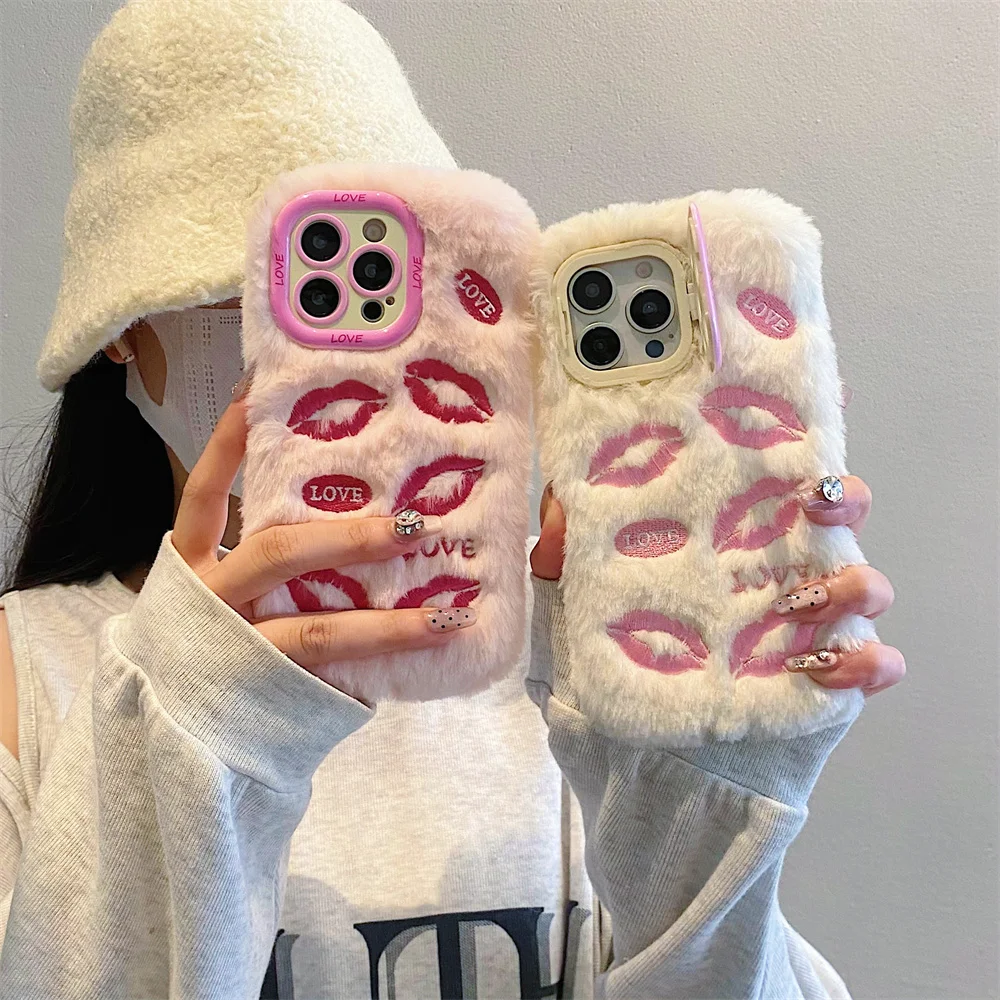 Plush Embroidered Lip Print Phone Case Suitable for iPhone 11 12 13 14 15 16 ProMax 14 15 16 Plus Lens holder Protection Case