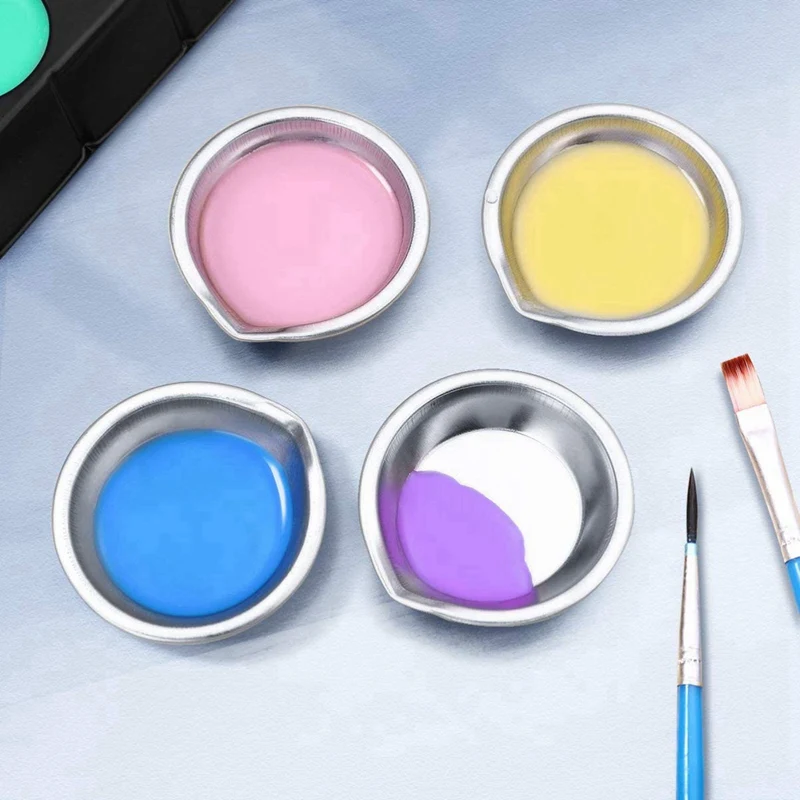 48Pcs Makeup Palette Stainless Steel Small Round Paint Tray Artist Watercolours Paint Mixing Palette Tray For Artist