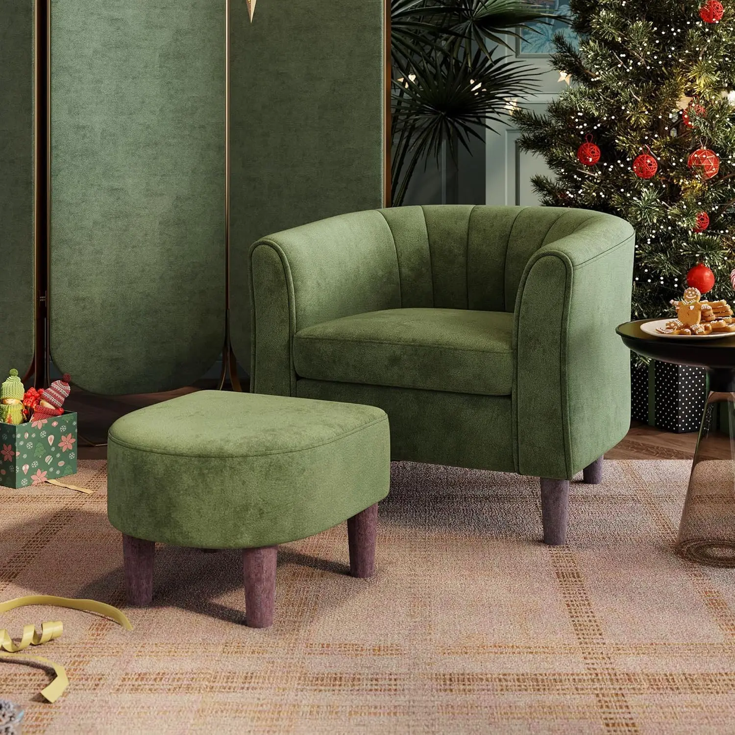 Accent Chair with Ottoman, Modern Armchair Comfy Barrel Reading Chair with Footrest for Living Room Bedroom Reading Room