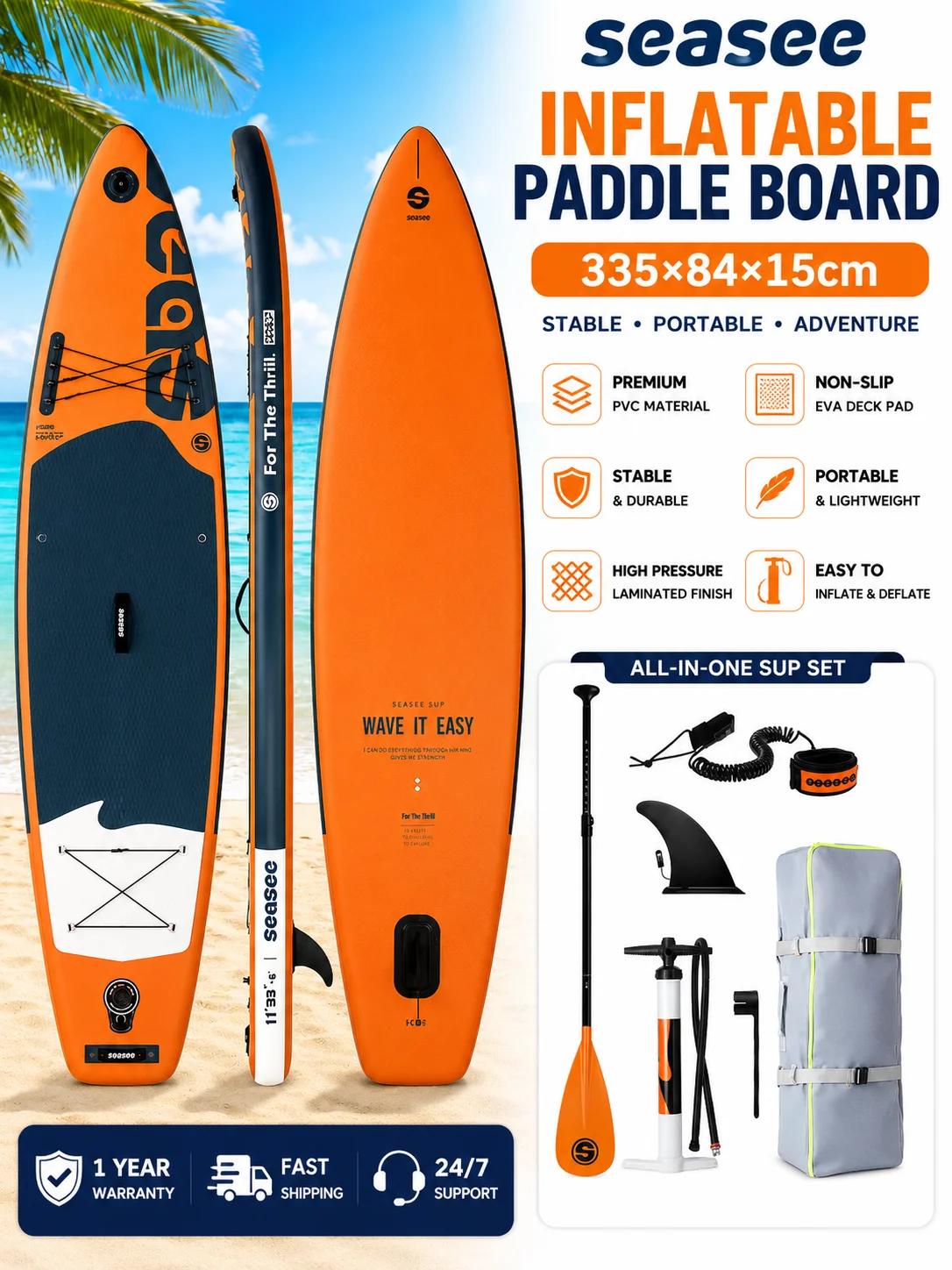 335 × 84 × 15 cm großes SUP-Board, aufblasbares Stand-Up-Paddle-Board, rutschfeste Oberfläche, geeignet für Outdoor-Wassersport.