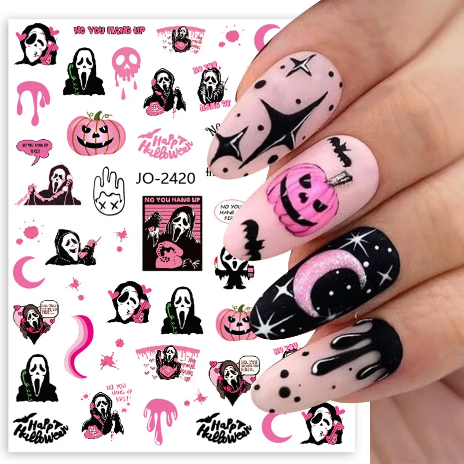 2PCS Halloween Nail Art Stickers Evil Pumpkin Nail Decals Cartoon Skull Water Transfer Sticker DIY Festival Nail Decorations