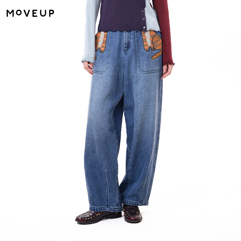 MOVEUP Straight Leg Jeans for Woman FUN Series 2026 Winter Back Elastic Waist Embroidery Denim Daily Casual Trousers 3ELD40305