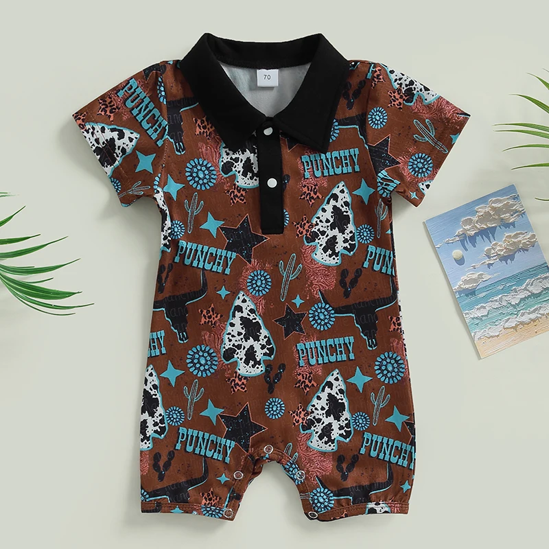 

Infant Baby Girls Boys Romper Cow Head Print Turn-Down Collar Short Sleeve Playsuits Summer Newborn Jumpsuits