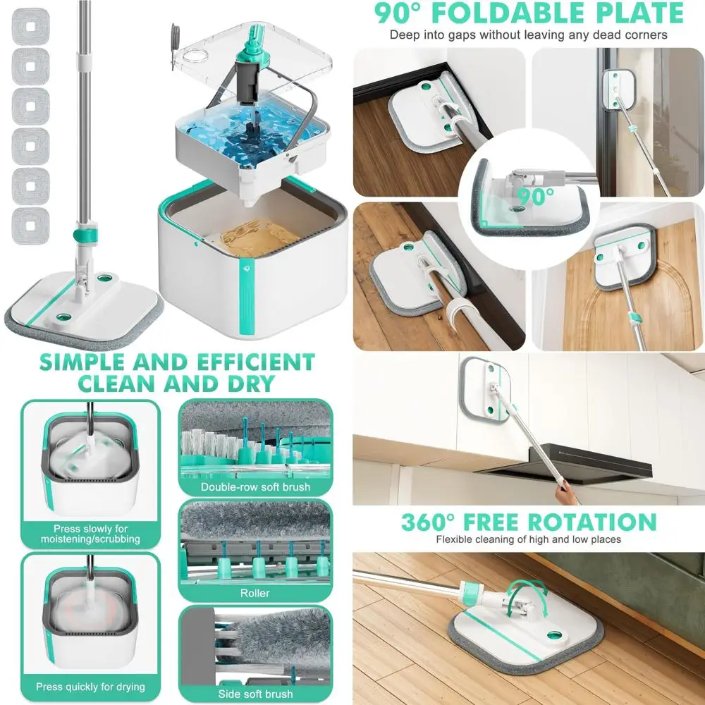 

Self-Standing Mop Bucket with Separate Dirty and Clean Water System, 360° Rotating and 90° Wringing Upgraded Spin Mop Set