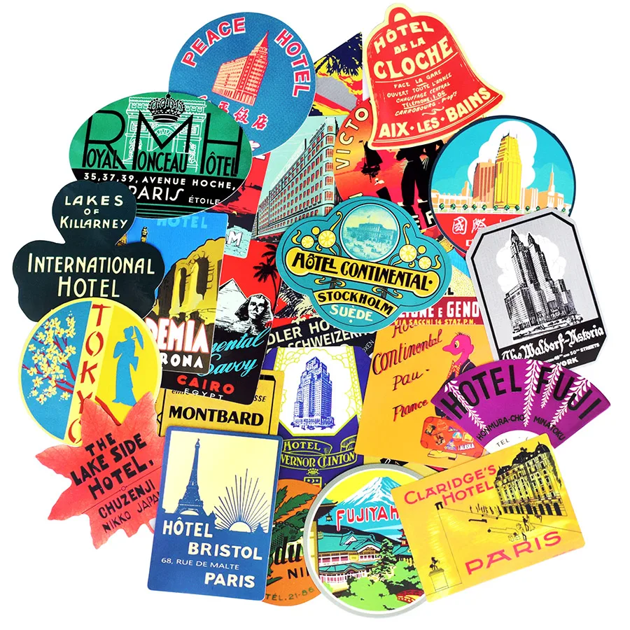 55pcs Hotel Style Sticker Travel Retro Graffiti Building Stickers for DIY Sticker on Luggage Laptop Bicycle Fridge Car Snowboard