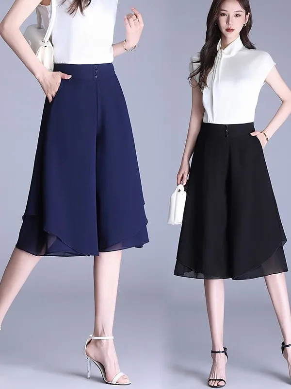 Summer Chiffon Wide Leg Pants High Waist Casual Trousers 2026 Fashionable Drape Pocket Five-Quarter Slimming Versatile Thin S...