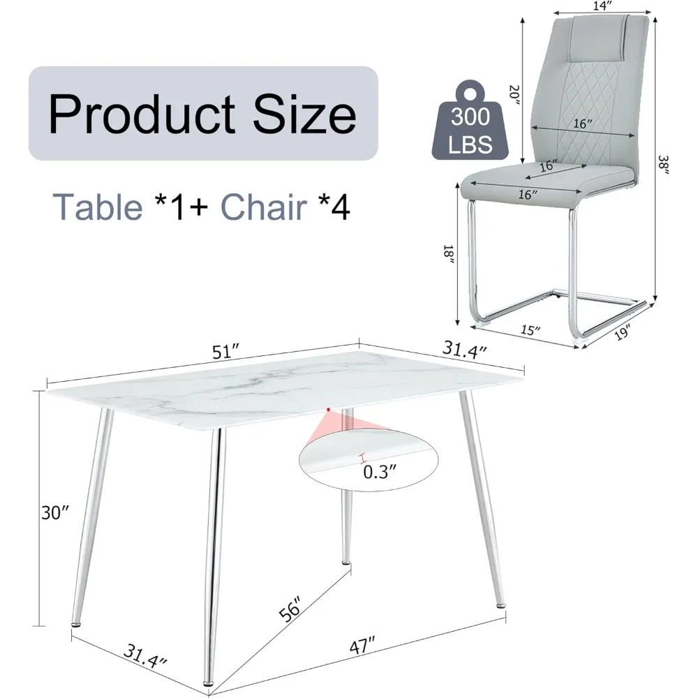 Glass Dining Table Set for 4, Modern Kitchen Table and Chairs Set for 4, 51" Glass Dining Room Table Set with PU Leather Chairs