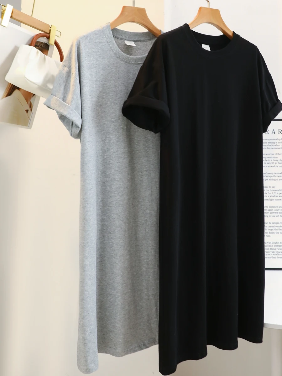 

Женская хлопковая футболка больших размеров с коротким рукавом, удобная свободная футболка-платье средней длины в корейском стиле, прямого кроя, весенняя модель