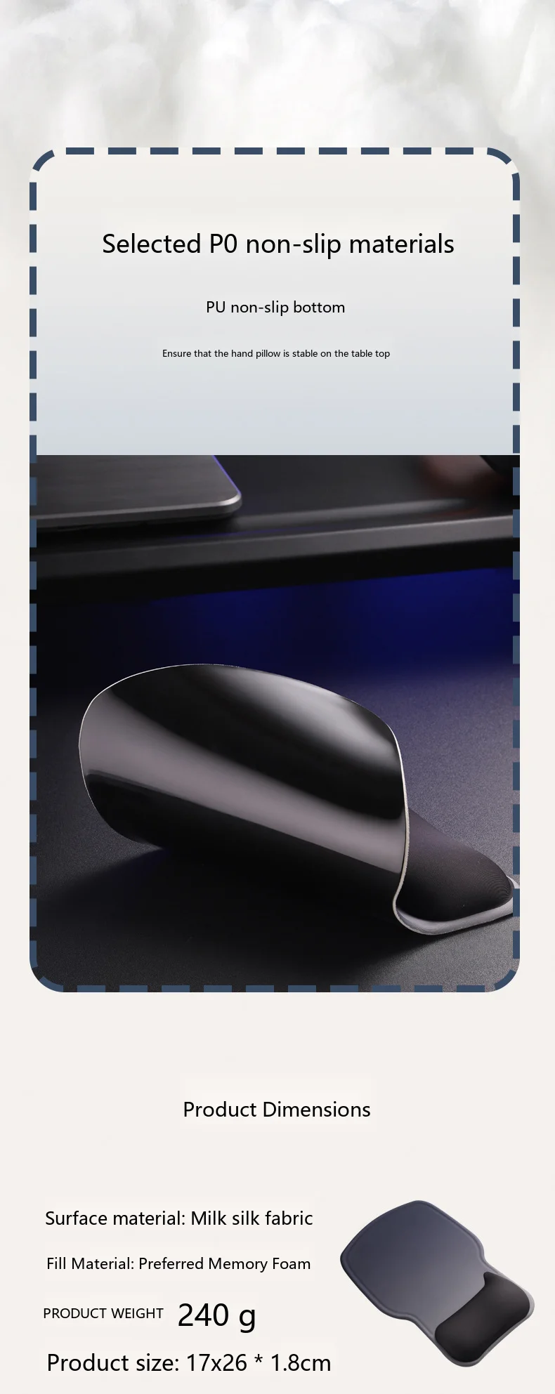 Bogenförmige, verdickte Handgelenkauflage, ergonomische Schreibtischunterlage aus Stoff für Büro und Gaming, 4 edle Farben – Detail 3