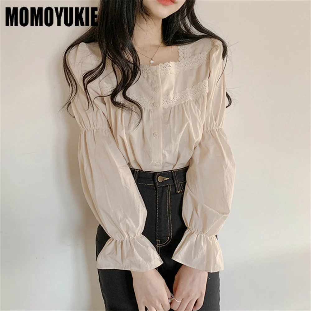 2022 Beige Lace Blouse Vintage Square Collar Women Long Puff Sleeve Shirt Solid Cardigan Sweet Shirt Blusas Clothes Women Tops