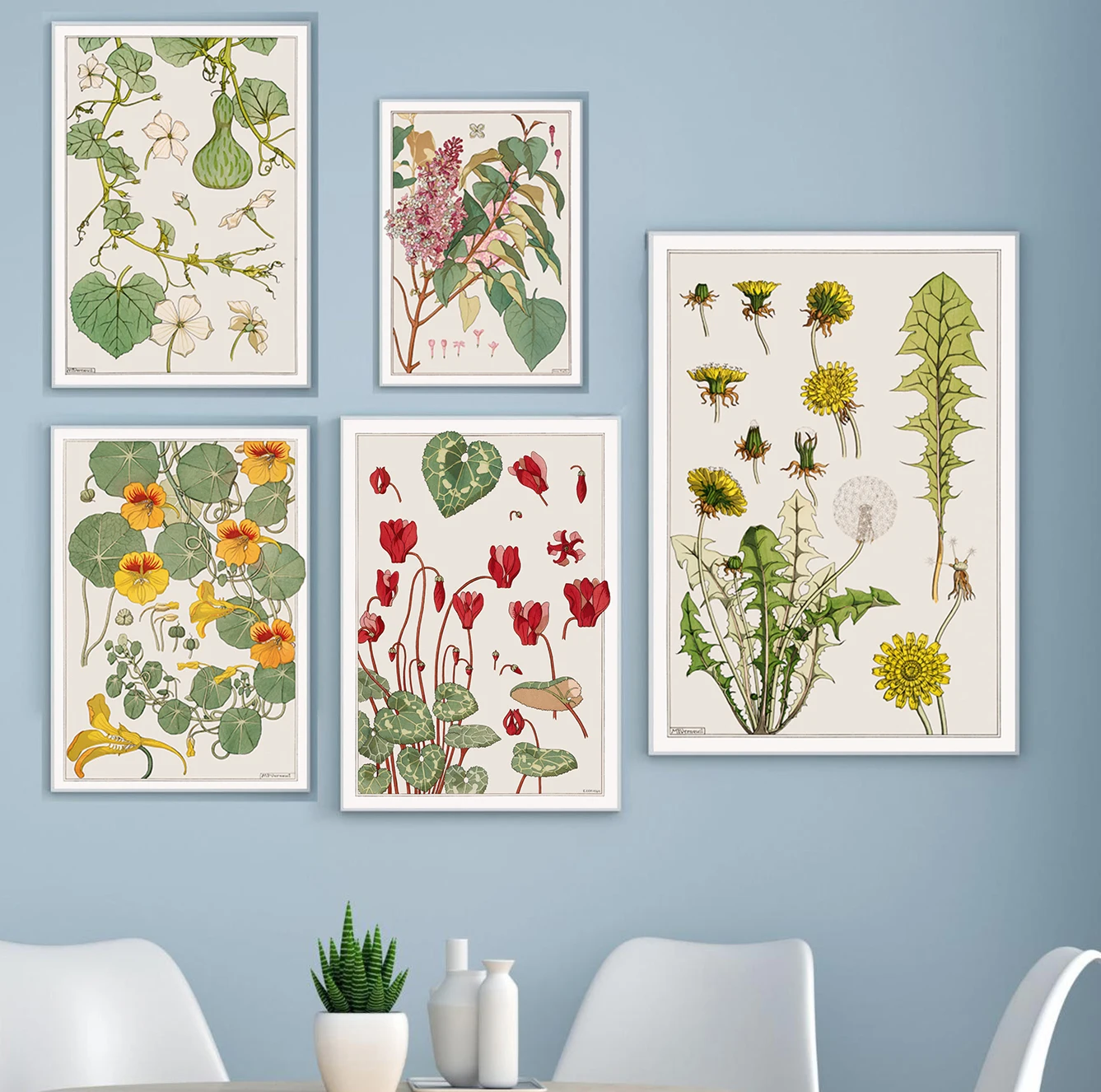 (2D Canvas Painting)  Vintage Style French Plant Flowers Illustrations Abstract Exhibition Art Poster Canvas Paintings Wall A