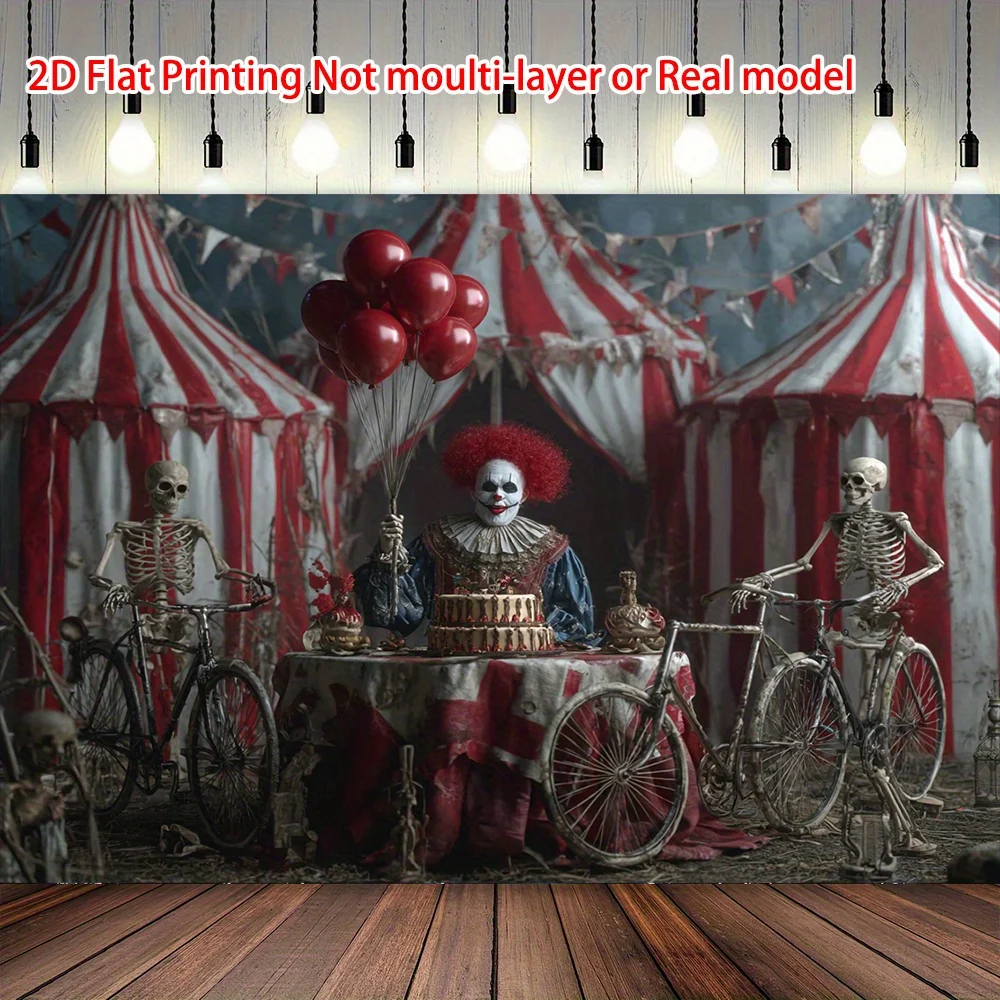 Circus Clown Carnival Tapestry,Red White Striped Tent with Balloons and Skeletons,Themed Party Wall Art for Indoor Outdoor Decor