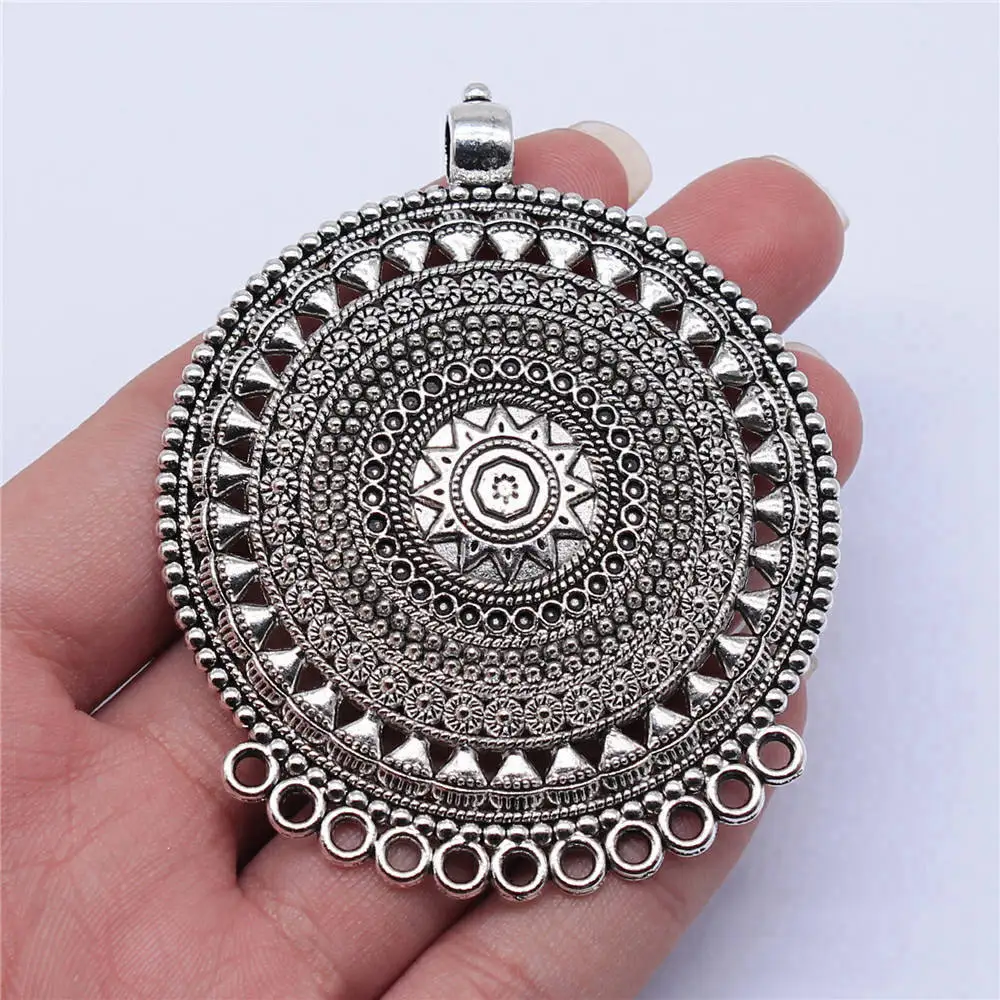 1pcs/lot 74x60mm Carved Round Necklace Connector Charms For Jewelry Making Antique Silver Color 2.91x2.36inch image 2