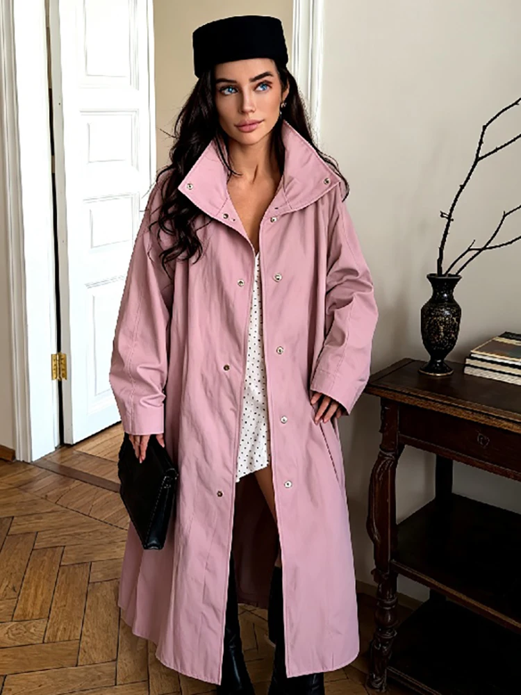 Damen Trenchcoat in Dusty Rose mit Stehkragen, Übergroße Maxi-Jacke mit Druckknopfleiste, Fallende Schultern, Leichter Loser Windbreaker – Detail 4