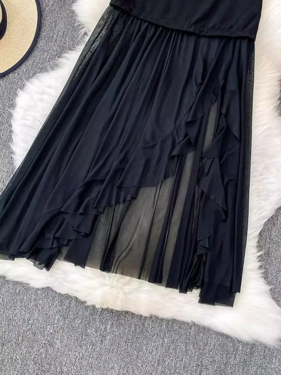 Foamlina Slit Mesh Patchwork Drape Maxi Skirt Women 2025 Summer New Black Hot Girl Petite High Waist Slim Fit Half Skirt Dress