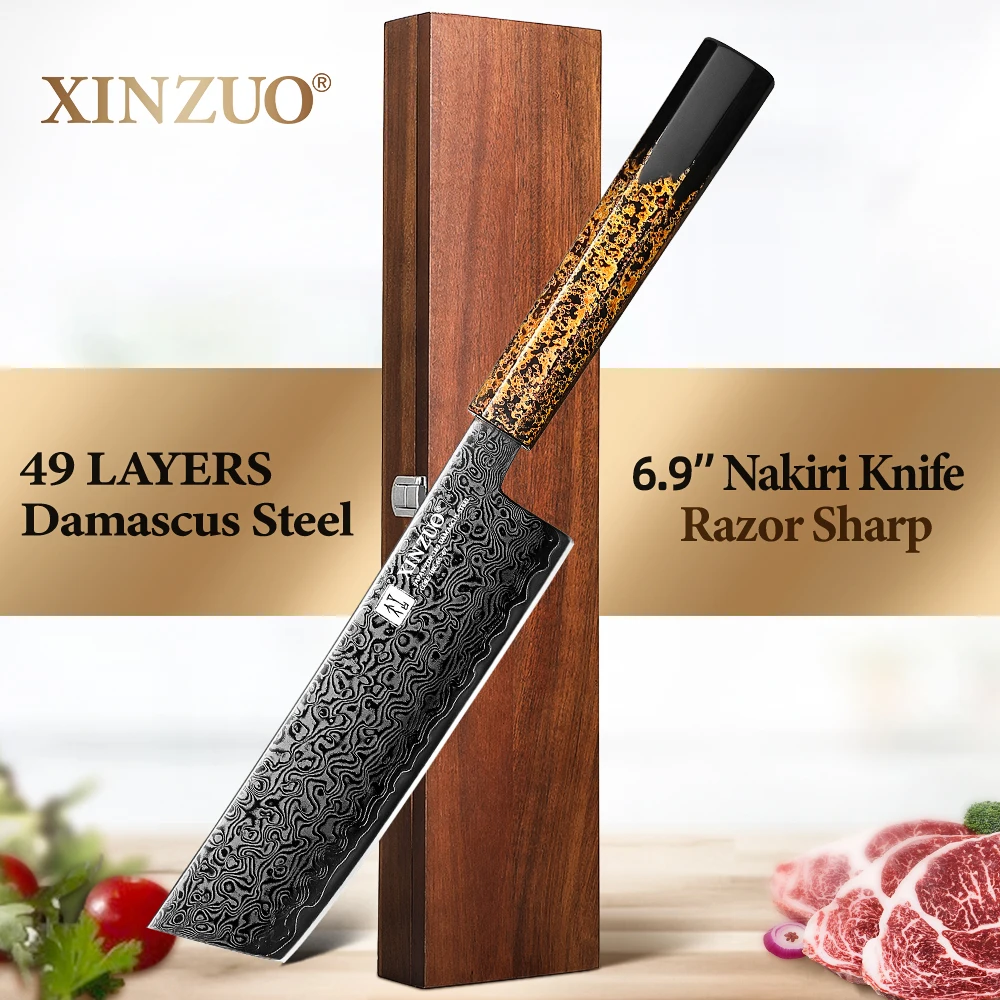 XINZUO 6.9''Chef Kitchen Nakiri Knife 49-Layer Damascus Steel ZDP-189 Professional Vegetable Meat Knife with Octagonal Handle
