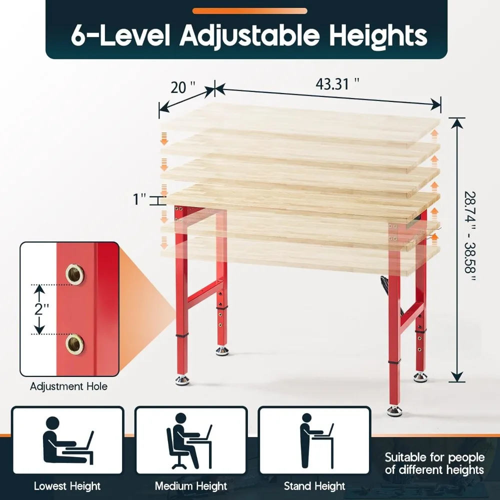 Adjustable Heavy-Duty Workbench 44x20 with Power Outlets, 2000 LB Capacity, Solid Rubberwood Top, Ideal for Garage Use