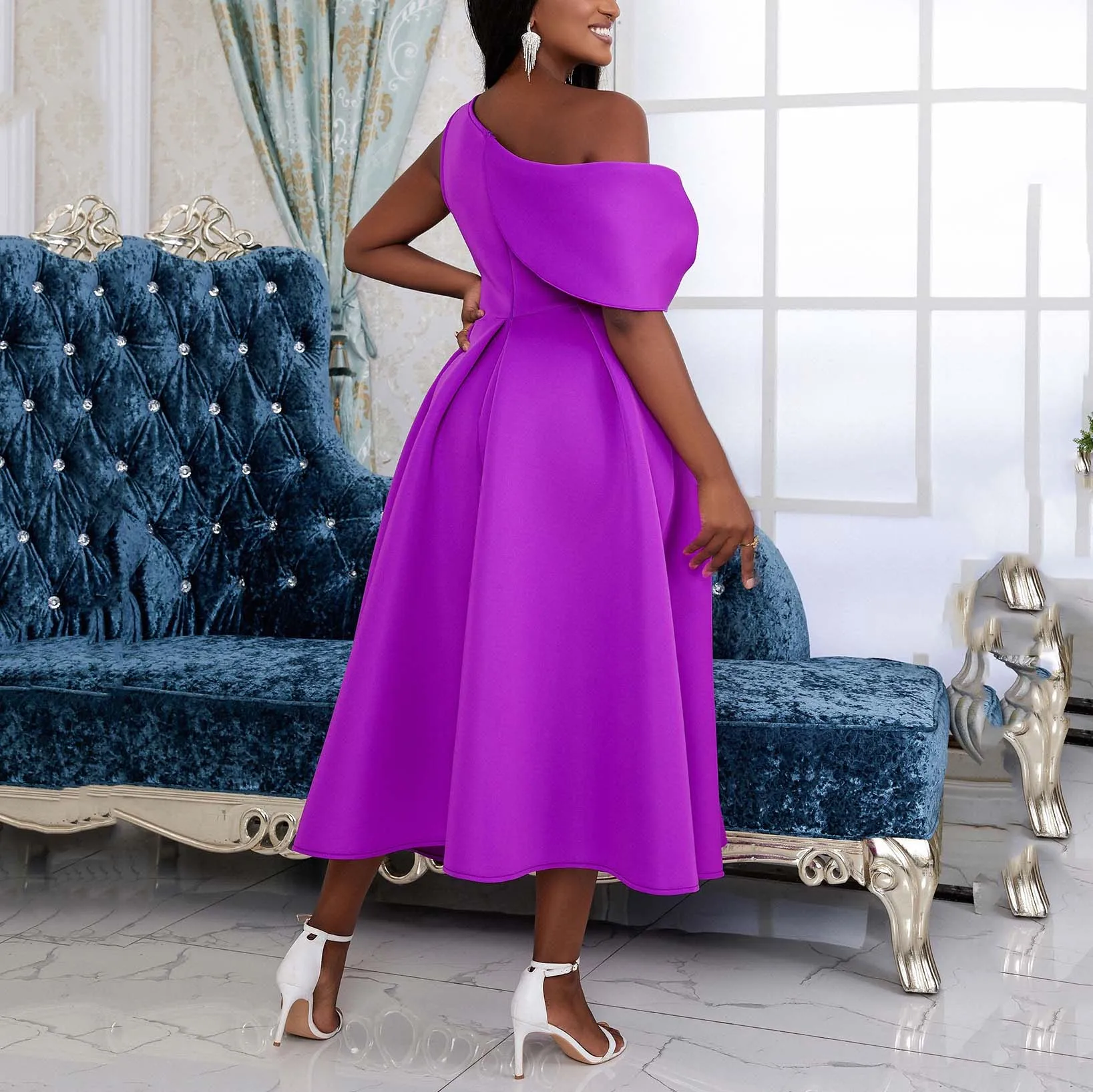 Elegant Party Dresses for Women Luxury Purple High Quality One Shoulder High Waisted Pleated Mid Calf Birthday Dinner Vestidos