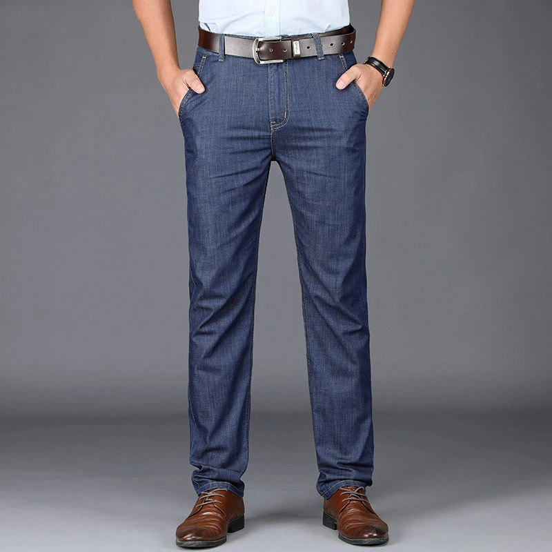 

Men's Jeans New Spring Summer Loose Straight Elastic Casual Long Pants Denim Pockets Cowboy Solid Color Trousers