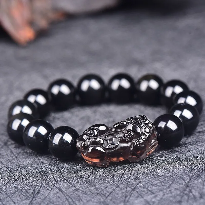 Obsidian Double Pixiu Black Obsidian Tibetan Silver Pixiu Bracelet Rainbow Eye Obsidian Pixiu Bracelet