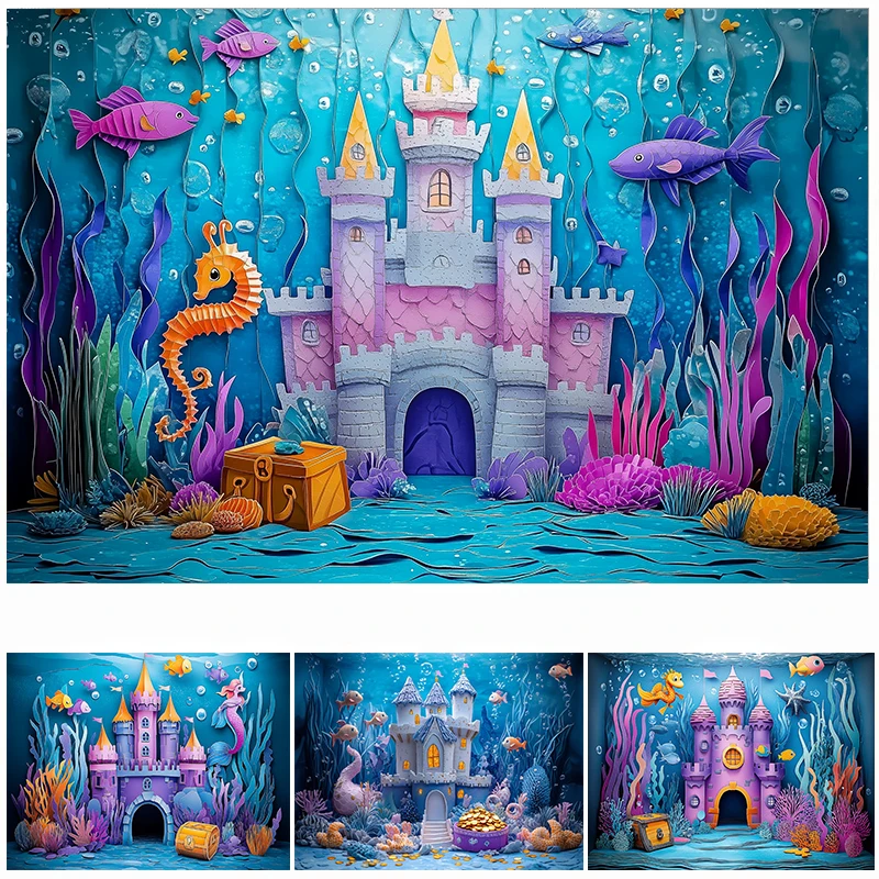 

LS Photography Background Underwater World Mermaid Castle Decor Baby Shower Cake Smash Kids Birthday Party Photo Backdrop Banner