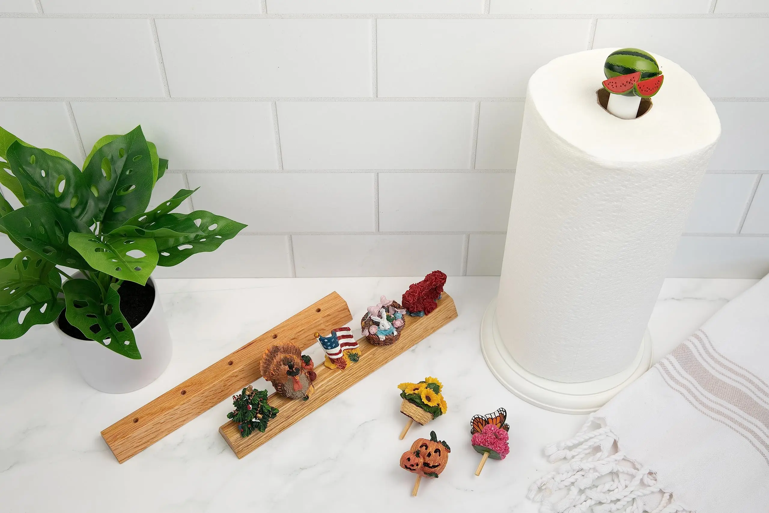

Interchangeable Seasonal Paper Towel Holder With Decorative Tops And Organizer