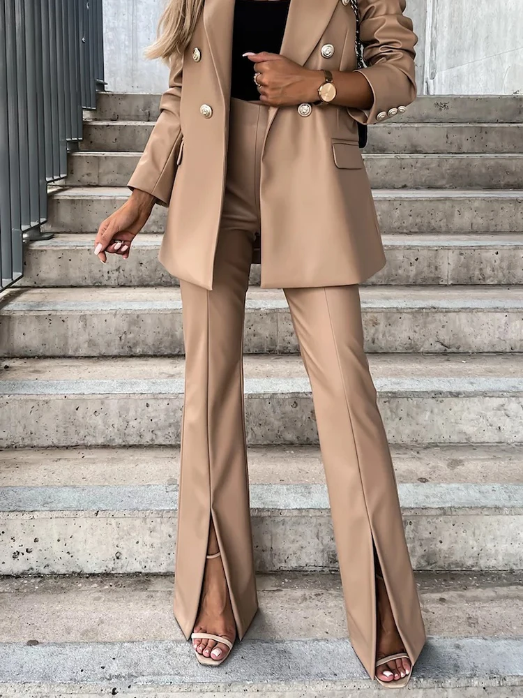 High Waist Women Vintage Solid Flare Pants Elegant Office Lady Open Fork Trousers All Season Sexy Streetwear Slim PU Long Pants