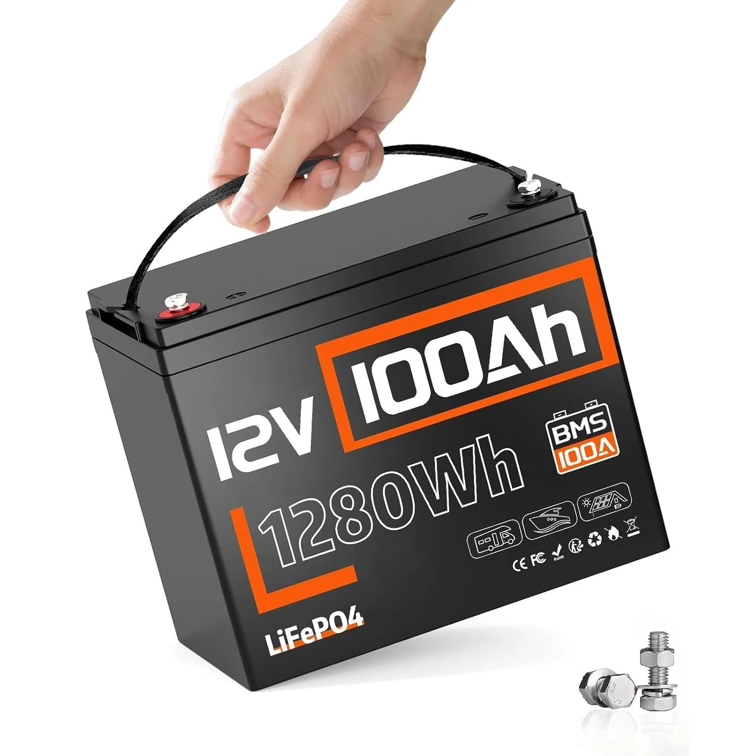 12V 100Ah LiFePO4 Lithium Battery, 1280Wh Energy Built-in 100A BMS | Group 24, IP67, 15000+ Cycles, for RV Solar, Customized