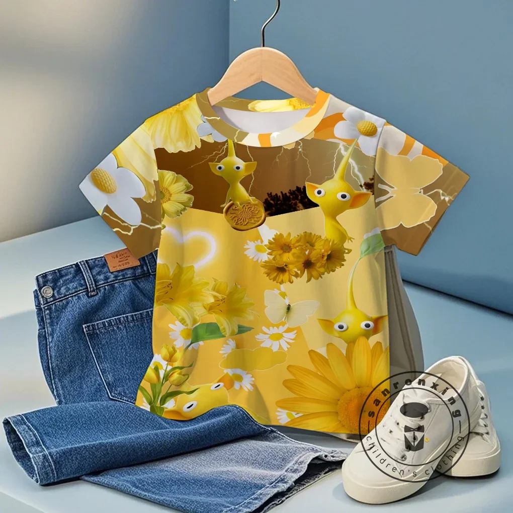 

3D Pikmin Cartoon Printed Pure Cotton Casual Fashion Summer Short Sleeved Children T-shirt Boy Girl Clothes Baby Tee Top Kid