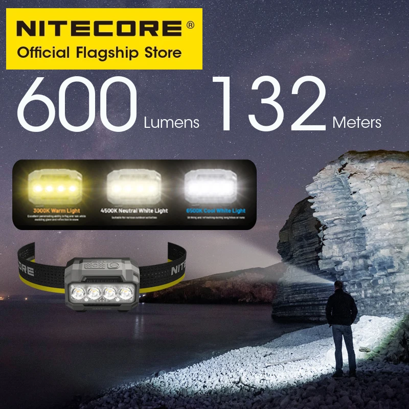 NITECORE HA23 UHE كشافات AAA خفيفة الوزن 3 درجات حرارة ألوان 600 لومن مصباح أمامي IP68 للجري الليلي والتخييم والصيد والرحلات