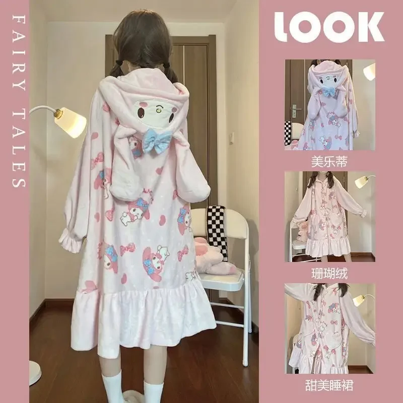 

Sanrioed мультфильм моя мелодия пижамный комплект халатов женский коралловый бархатный домашний костюм домашний костюм Kawaii ночная рубашка для девочек аниме женская