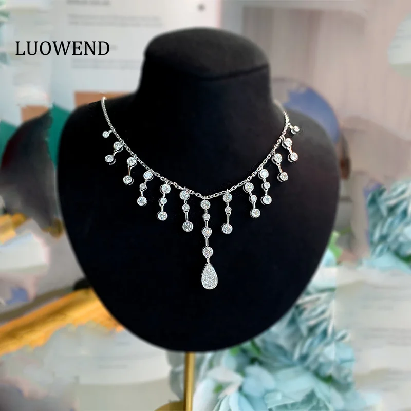 LUOWEND 100% 18K White Gold Necklace Luxury Tassels Shape 2.0carat Real Natural Diamond Necklace for Women Senior Banquet