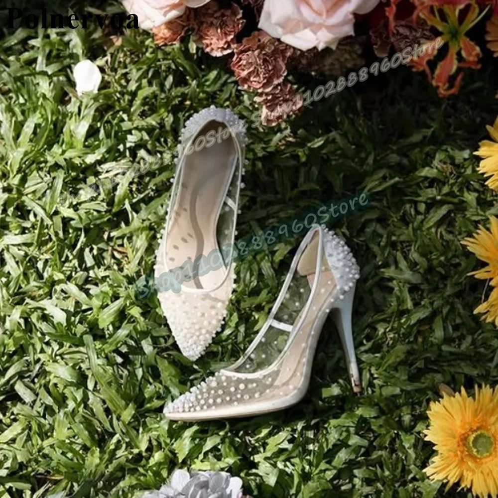 

White Air Mesh Pearl Pointy Wedding Pumps Stilettos High Heel Shoes For Women Slip On Pointed Toe Elegant Stylish Women Pumps