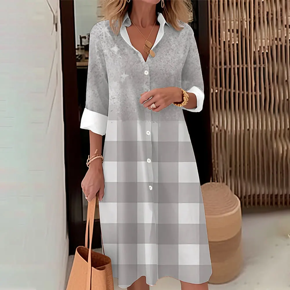 Women\'s Mid-Length Single-Breasted Shirt Dresses Fashion Green Printed Button-Up Dress Summer Lapel Button Skirts Spring Autumn