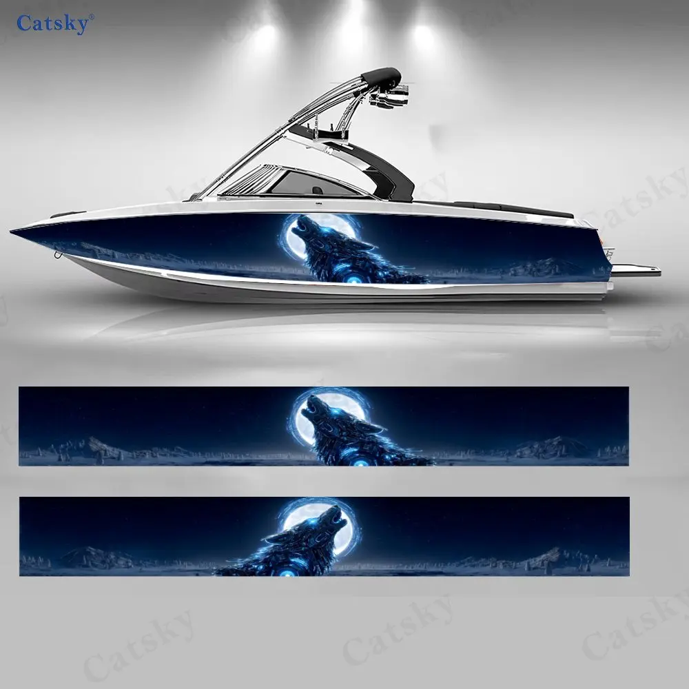 

Blue Flame Mecha Wolf Full Moon Boat Stickers, PVC Waterproof Vinyl Wrap Decals for Fishing Boats, Durable and Stylish Design